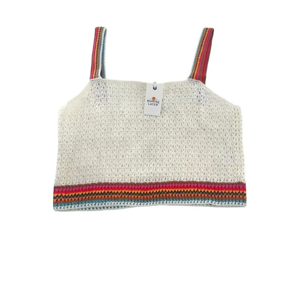 Marine Layer Womens Ivory Striped Caro Cropped Crochet Tank Top Size M New